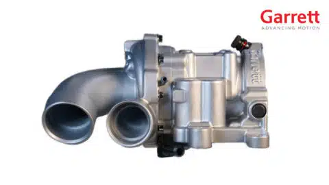 Garrett Motion Inc. An E-Compressor drives a centrifugal compressor with a high-speed electric motor to supply air to an internal combustion engine.