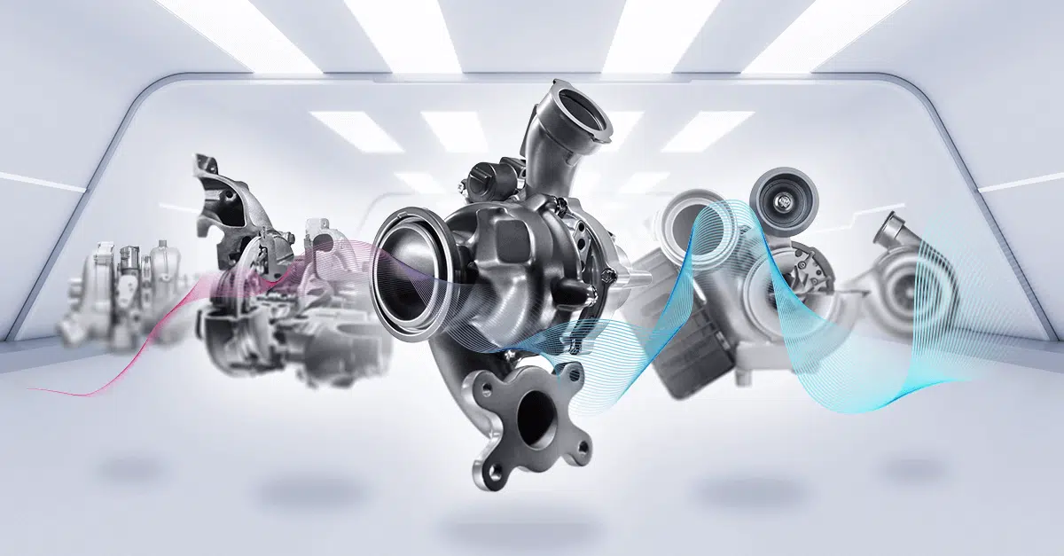 Selection of different types of turbochargers displayed on a white futuristic background