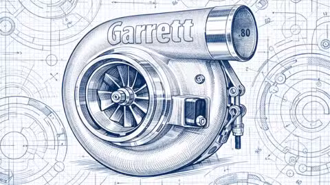 Garrett turbocharger engineering blueprint illustration showing compressor housing and turbine design