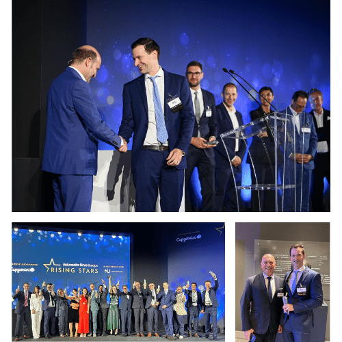 Collage of 3 pictures: First pictures captures Neils shaking the hand of the person anouncing the Automotive News Europe 2025 Award. Second picture captures all award winners for 2025. Third picture consists od Niels Martens and Olivier Rabiller ( CEO of Garrett Motion)