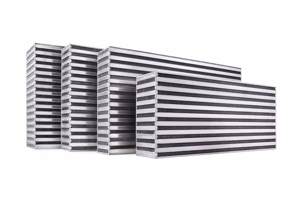 Stacked bar-and-plate intercooler core construction used in Garrett performance applications