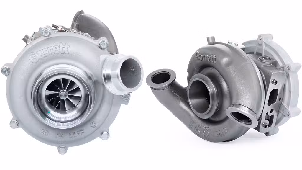 Rear view of Garrett PowerMax turbocharger for the 2015–2019 Ford 6.7L Power Stroke diesel engine