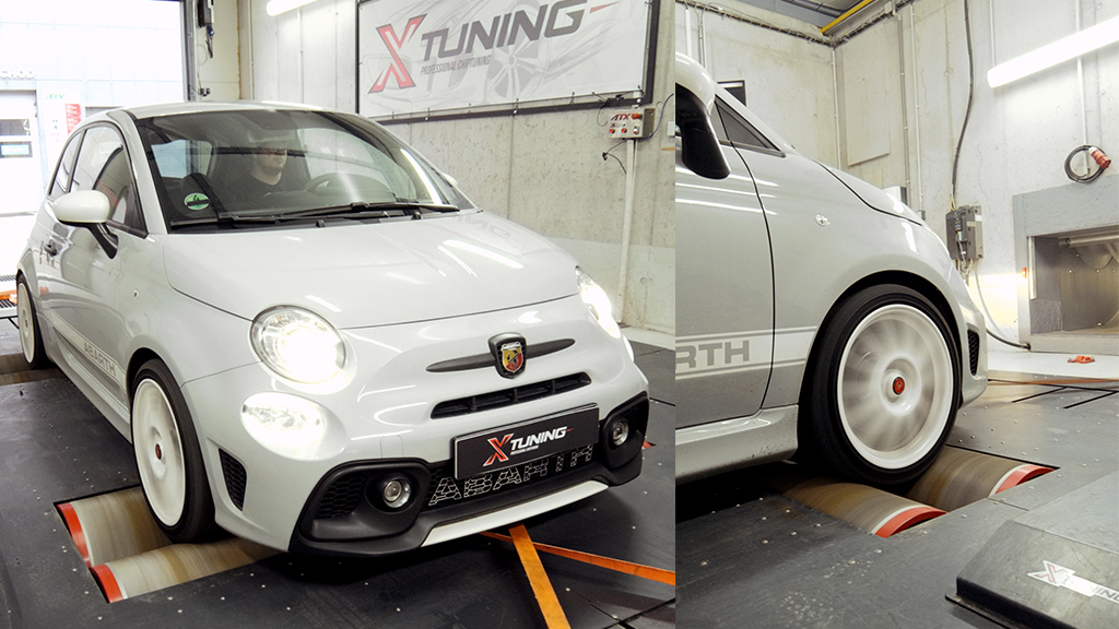 Fiat 500 Abarth 595 on dyno during testing of Garrett PowerMax turbocharger upgrade