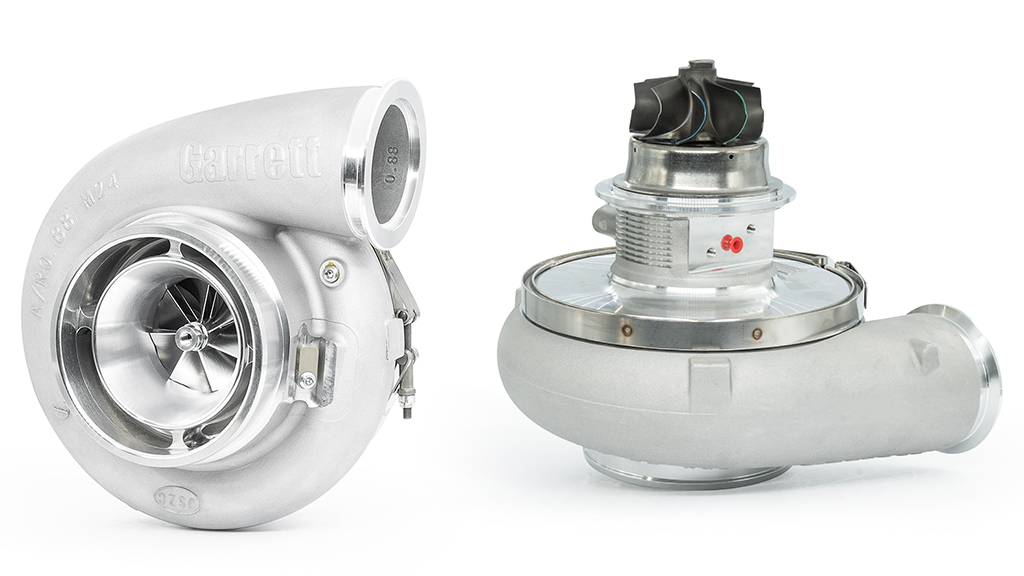 Garrett G-XRace GXR47-80 turbocharger front view showing the compressor wheel and turbine wheel 