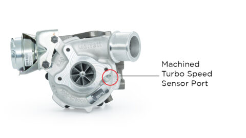 Garrett PowerMax turbocharger showing integrated speed sensor port for turbo speed monitoring and advanced tuning capability on Mitsubishi 4N15 diesel applications