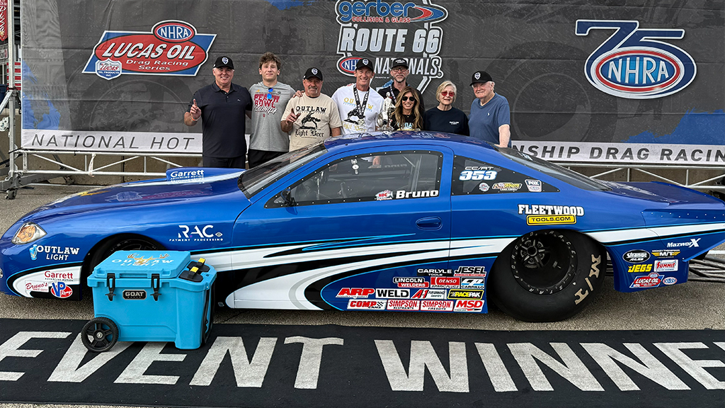 Bruno Massel winner circle NHRA Route 66 Nationals Garrett turbo