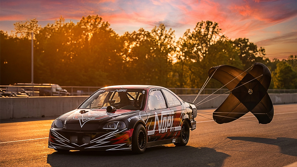 Prayoonto Racing XFWD Civic with parachute deployed at speed using Garrett G-XRace turbo